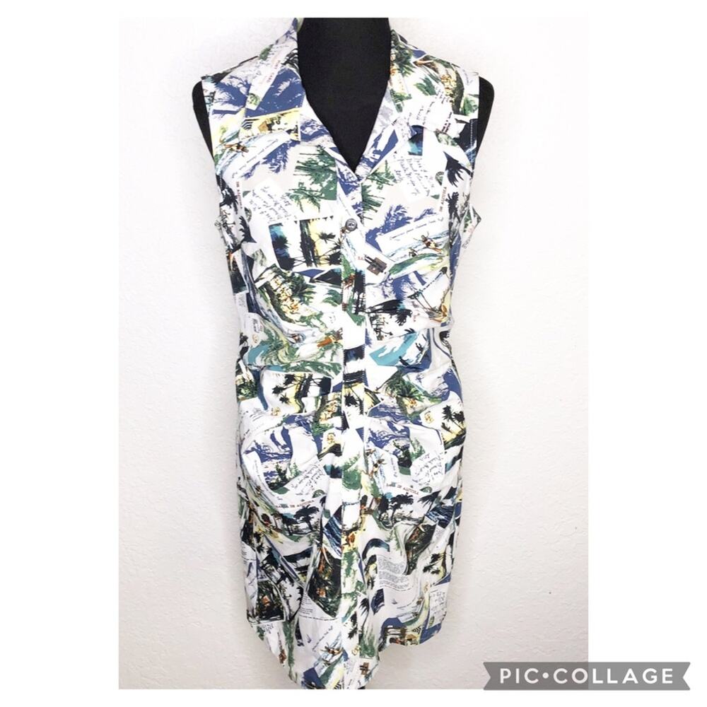 Joseph Ribkoff white tropical vacation print gathered front sleeveless dress 14